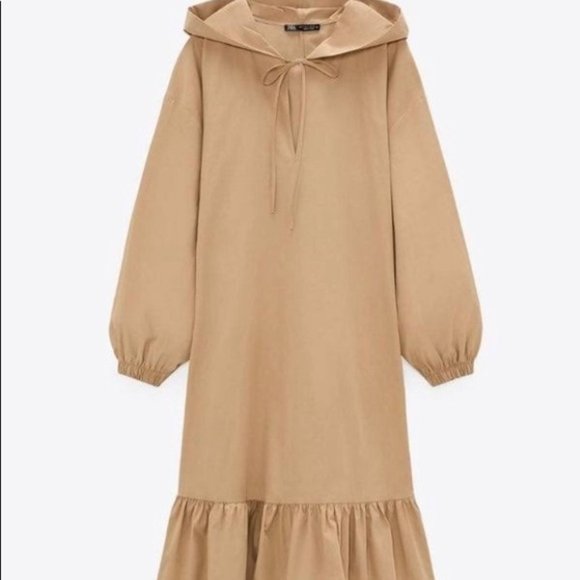 Zara Beige Poplin Hooded Large Midi Dress with V-neckline - Picture 1 of 9